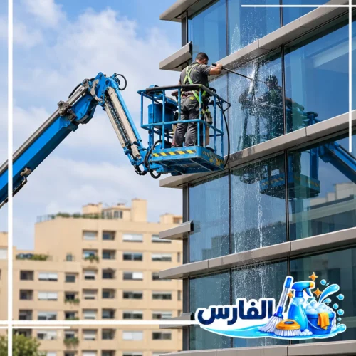 شركة تنظيف واجهات زجاج بالرياض باستخدام الرافعات الحديثة تنظيف واجهات المباني الزجاجية بالرياض باستخدام رافعة ومعدات مناسبة لإزالة الأتربة وآثار المياه.