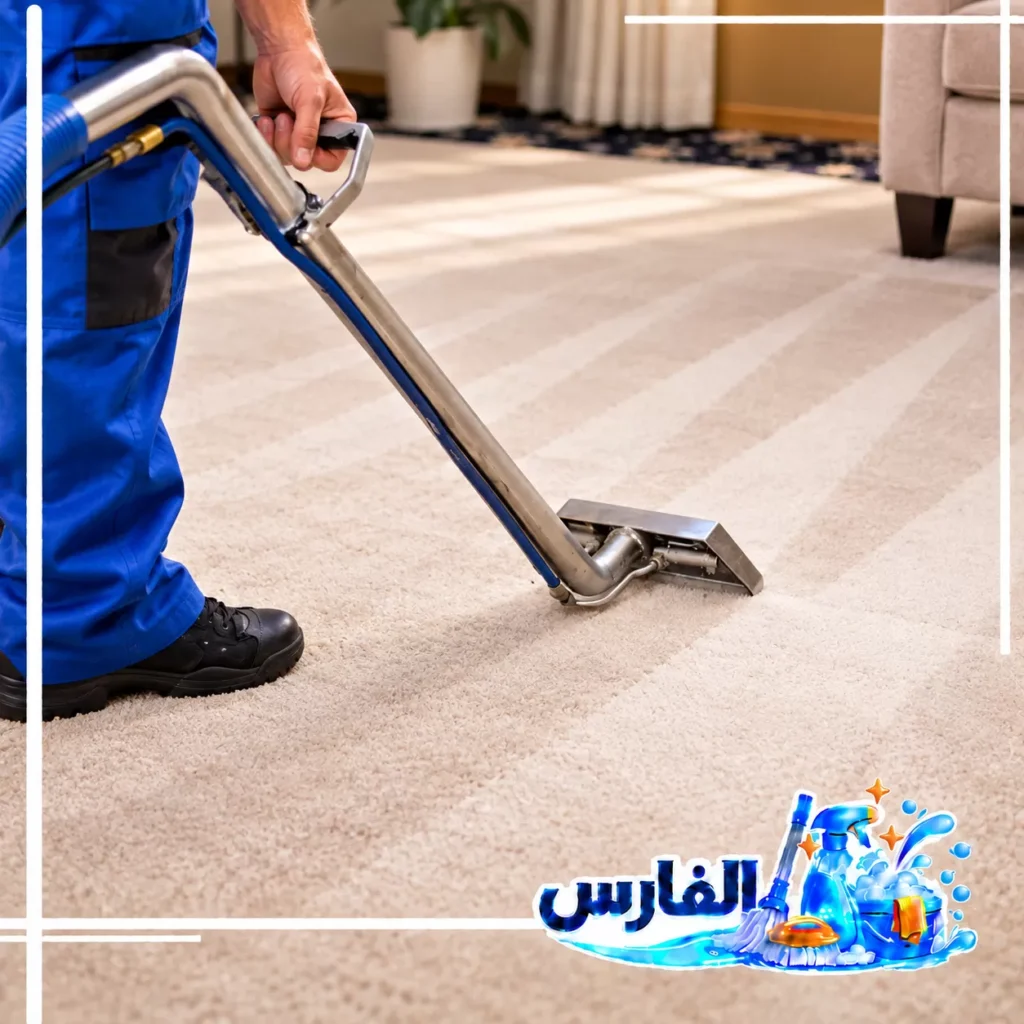 شركة تنظيف سجاد وموكيت بالرياض فني تنظيف سجاد يستخدم رأس استخلاص عريض لتنظيف السجاد البيج على مسارات متوازية داخل غرفة المعيشة.
